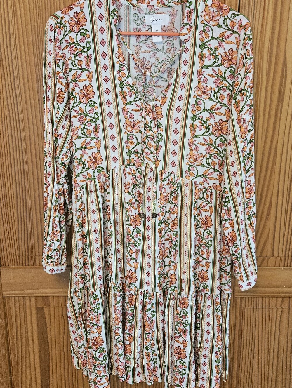 Jopara Ivory Floral Stripe Tiered Long-Sleeve Dress with Orange & Green